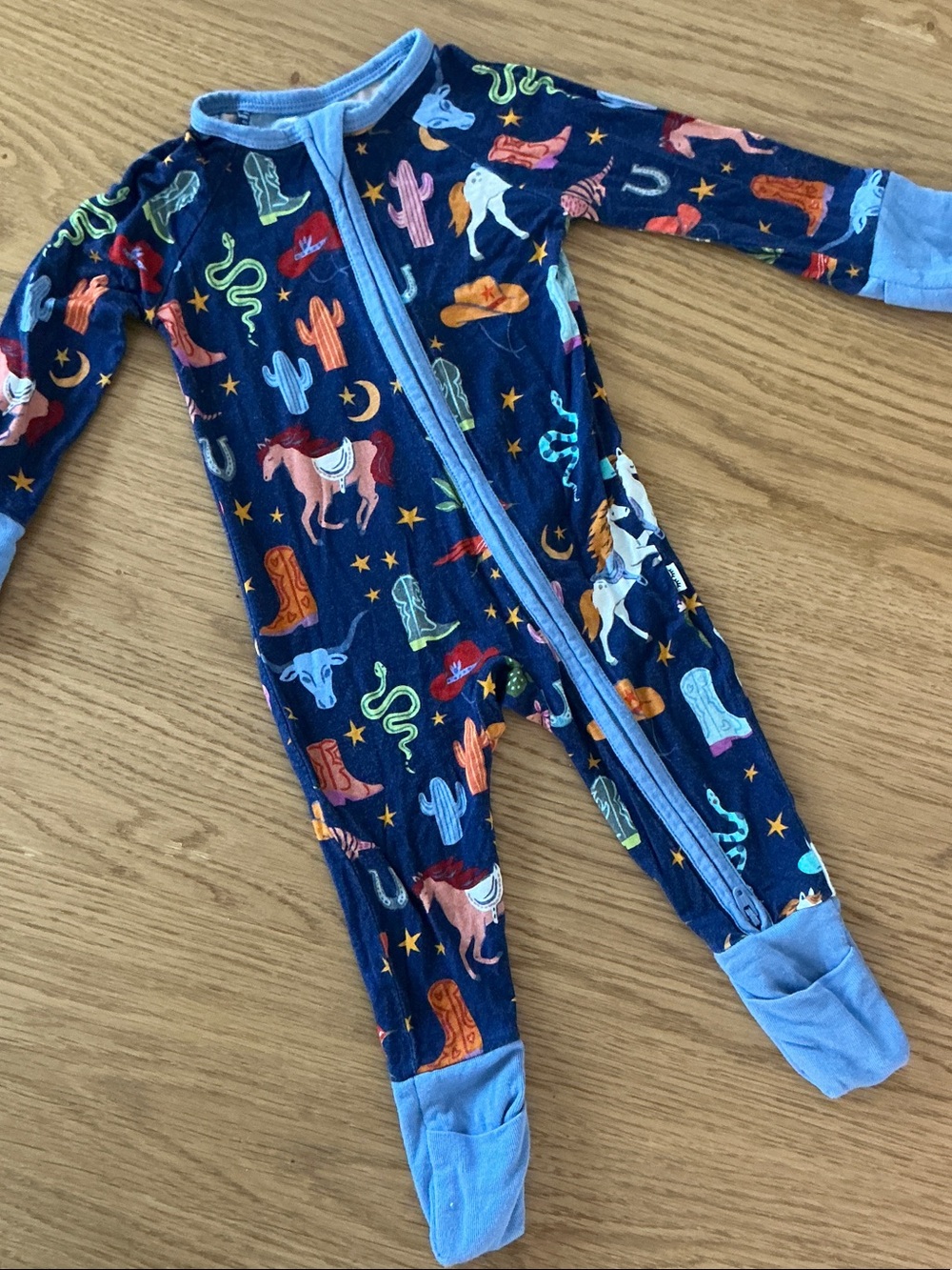 Blue Western Print Footed One-Piece Pajamas for Kids